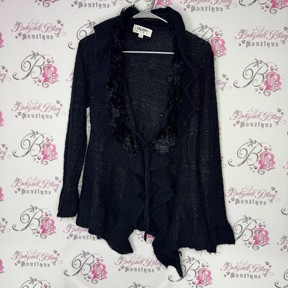 Valenti cardigan sequins sparkly furry fur neckline tie up Black Women's Sweater